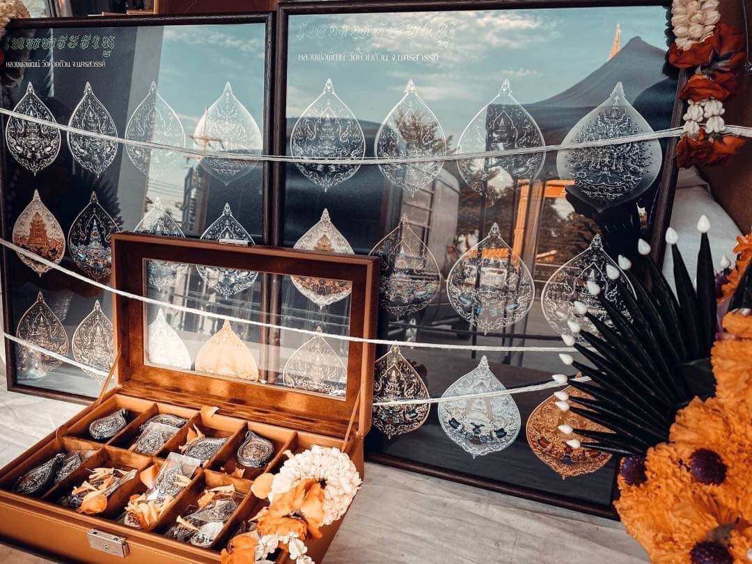 Phra Rahu amulet limited edition display set by Thai Blessing Co wooden box with multiple ornate pendants
