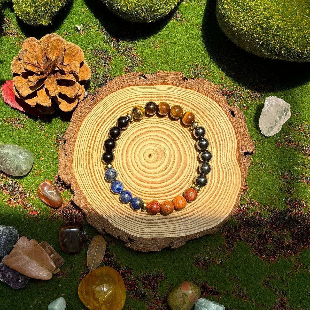 ✨ Wealth and Prosperity Attraction Bracelet – Handmade with Tiger Eye Stone, Lapis Lazuli & Natural Wood Beads – Unisex Spiritual Jewelry