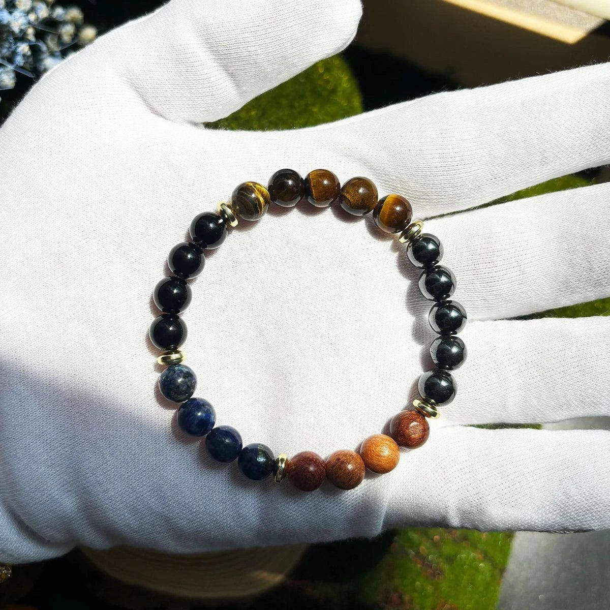✨ Wealth and Prosperity Bracelet – Tiger Eye Stone & Lapis Lazuli with Natural Wood Beads – Handmade Unisex Jewelry