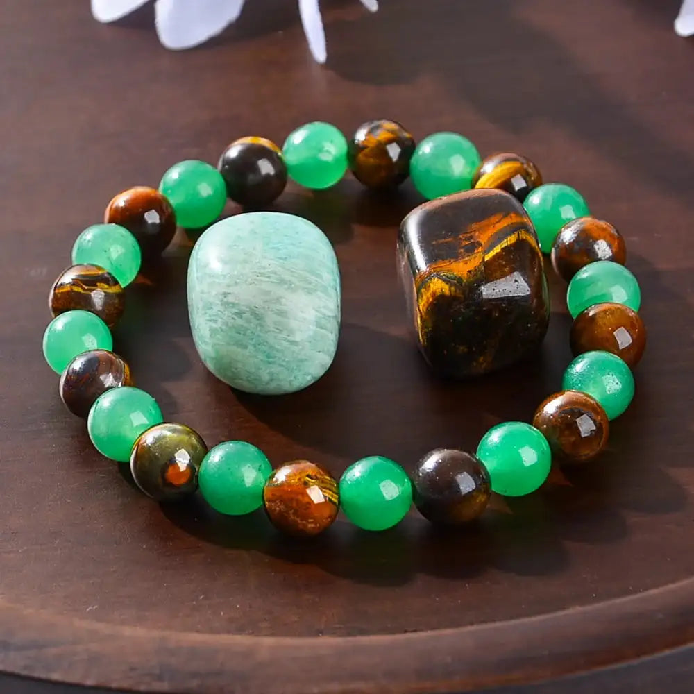 💎 Wealth Attraction Set – Tiger Eye Stone & Green Dongling Bracelet with Original Natural Stones | Prosperity & Abundance Jewelry