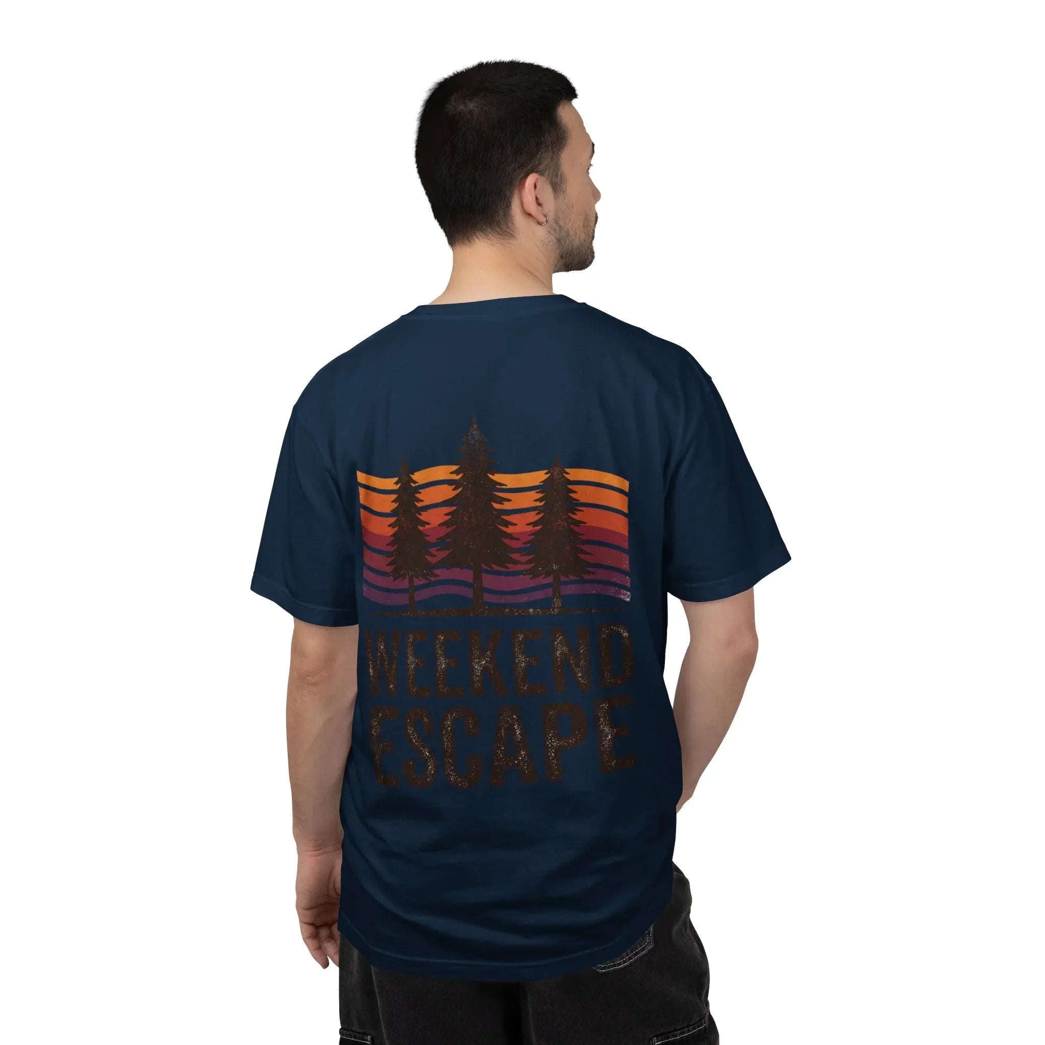 Weekend Escape T-Shirt, Retro Pines Sunset Graphic Tee, Vintage Outdoor Cabin Camping Shirt, Garment-Dyed Heavyweight Unisex Tee True Navy