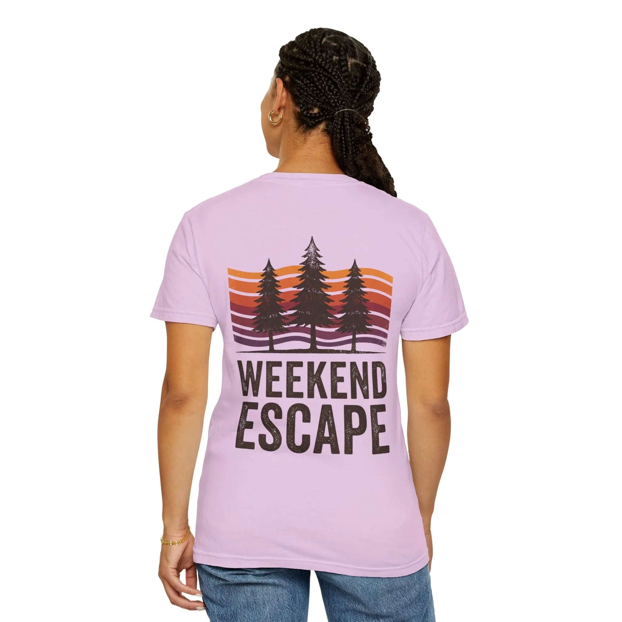 Weekend Escape T-Shirt, Retro Pines Sunset Graphic Tee, Vintage Outdoor Cabin Camping Shirt, Garment-Dyed Heavyweight Unisex Tee
