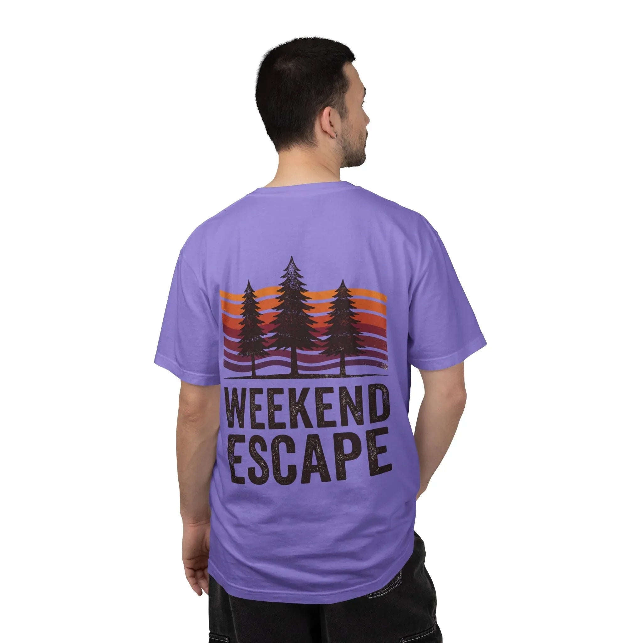 Weekend Escape T-Shirt, Retro Pines Sunset Graphic Tee, Vintage Outdoor Cabin Camping Shirt, Garment-Dyed Heavyweight Unisex Tee Violet
