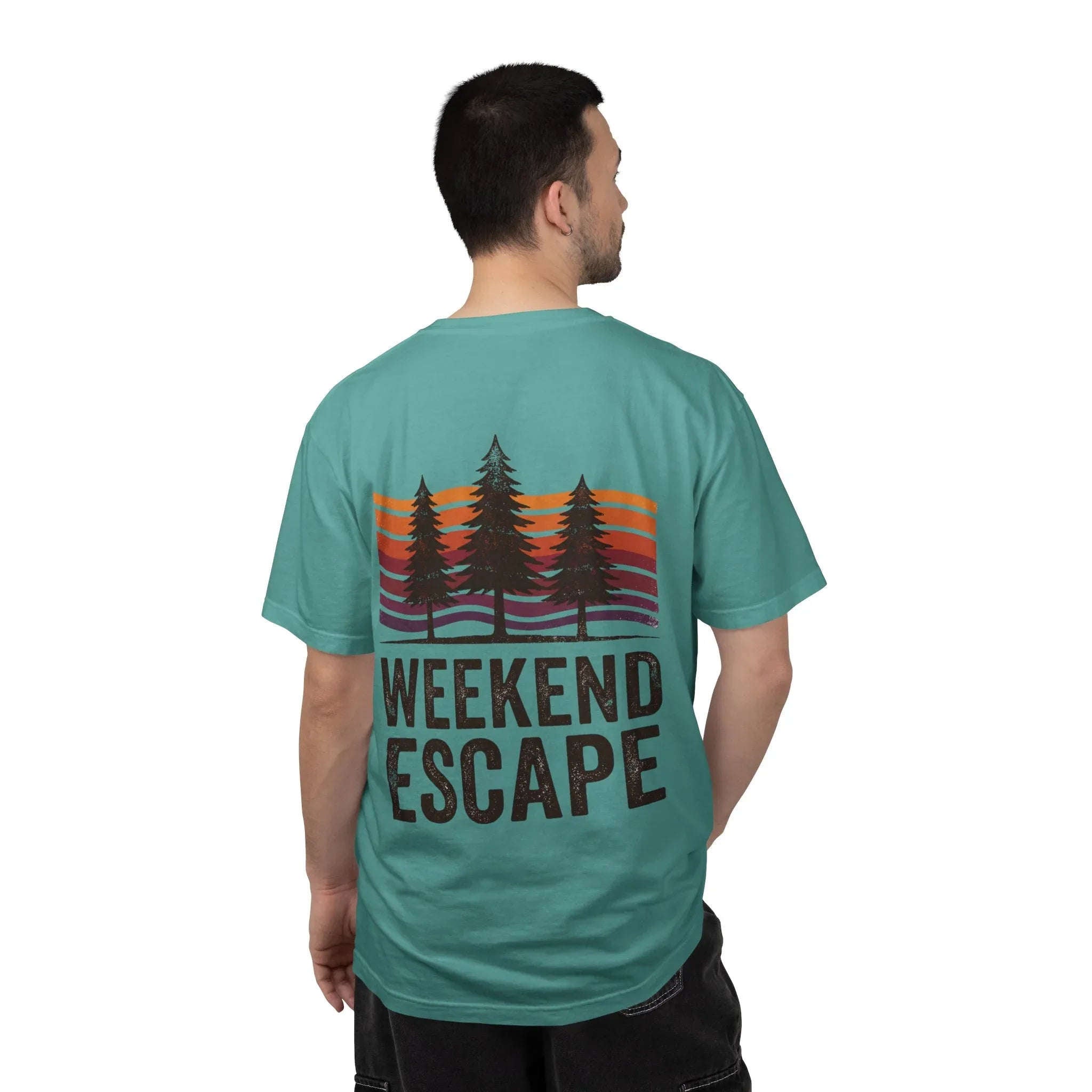 Weekend Escape T-Shirt, Retro Pines Sunset Graphic Tee, Vintage Outdoor Cabin Camping Shirt, Garment-Dyed Heavyweight Unisex Tee Seafoam