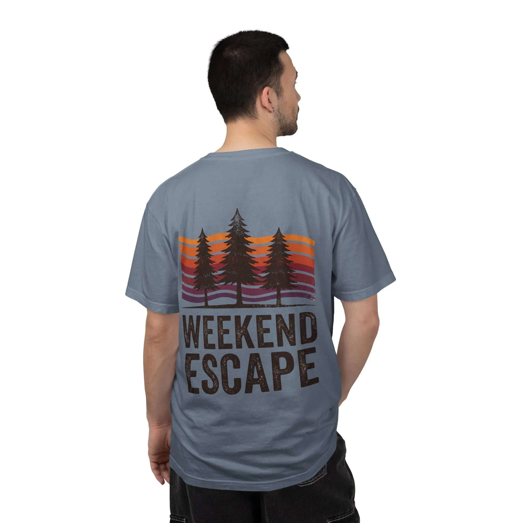 Weekend Escape T-Shirt, Retro Pines Sunset Graphic Tee, Vintage Outdoor Cabin Camping Shirt, Garment-Dyed Heavyweight Unisex Tee Blue Jean