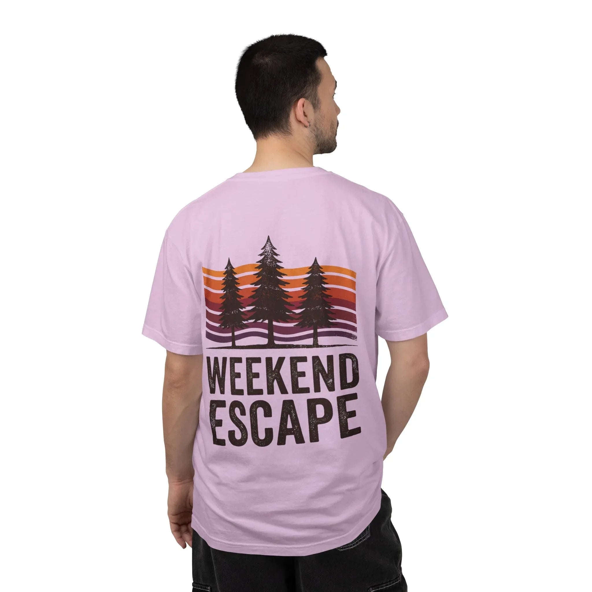 Weekend Escape T-Shirt, Retro Pines Sunset Graphic Tee, Vintage Outdoor Cabin Camping Shirt, Garment-Dyed Heavyweight Unisex Tee Orchid
