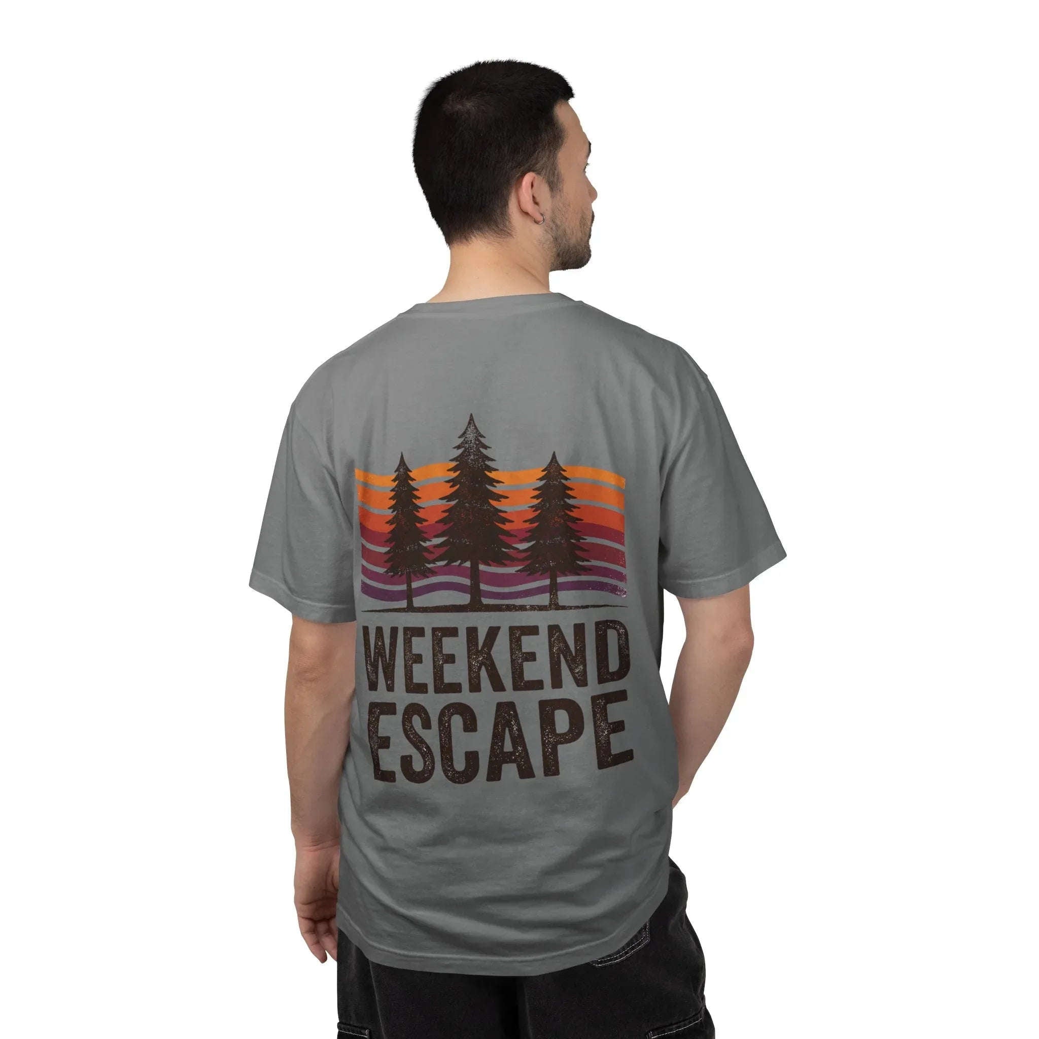 Weekend Escape T-Shirt, Retro Pines Sunset Graphic Tee, Vintage Outdoor Cabin Camping Shirt, Garment-Dyed Heavyweight Unisex Tee Grey
