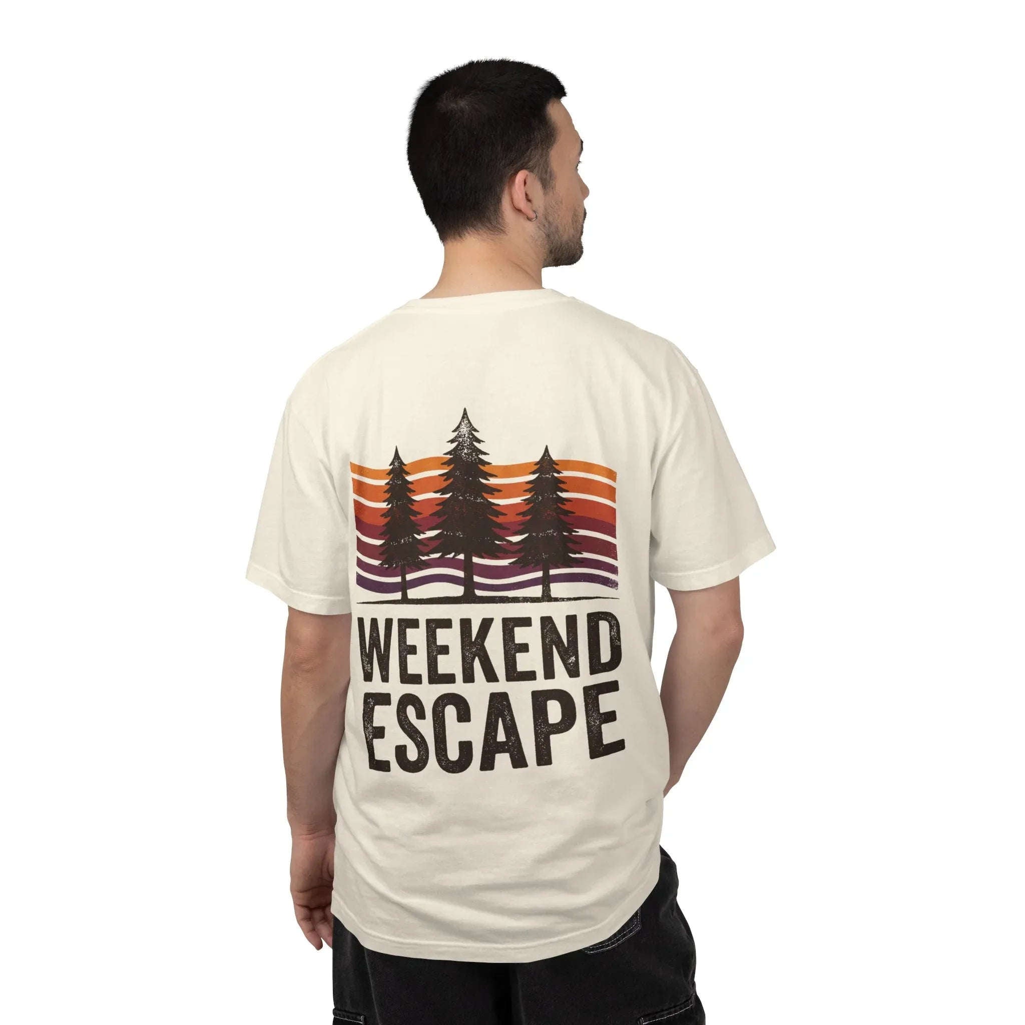 Weekend Escape T-Shirt, Retro Pines Sunset Graphic Tee, Vintage Outdoor Cabin Camping Shirt, Garment-Dyed Heavyweight Unisex Tee Ivory