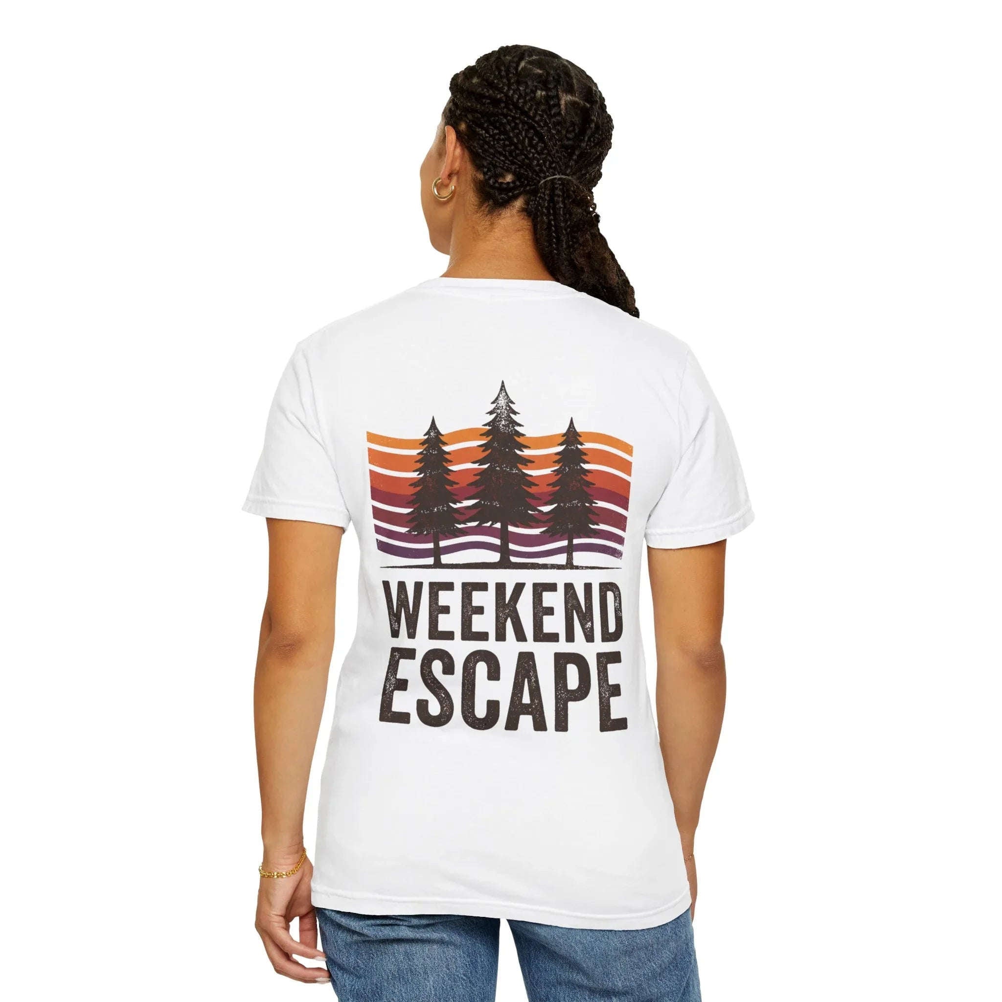 Weekend Escape T-Shirt, Retro Pines Sunset Graphic Tee, Vintage Outdoor Cabin Camping Shirt, Garment-Dyed Heavyweight Unisex Tee