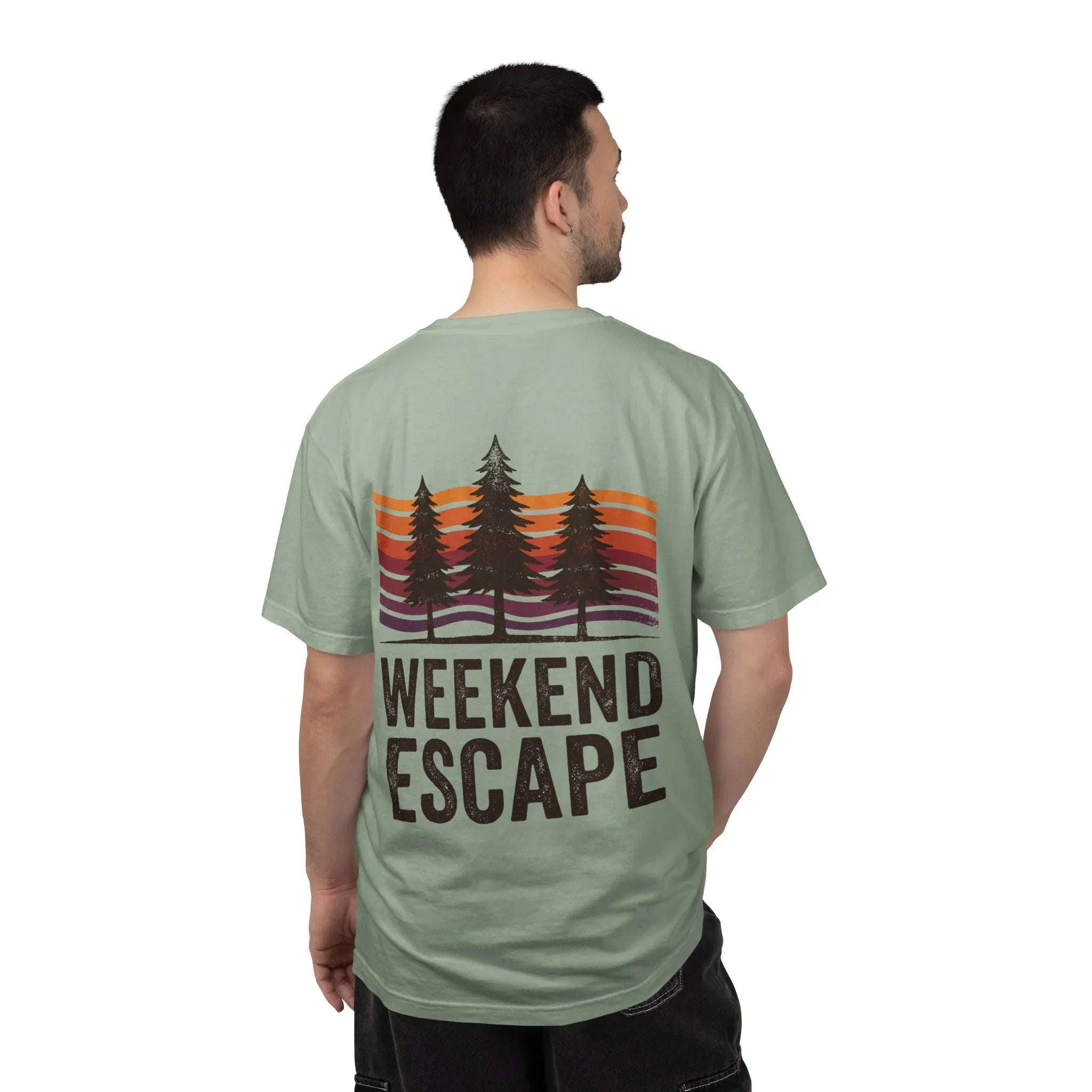 Weekend Escape T-Shirt, Retro Pines Sunset Graphic Tee, Vintage Outdoor Cabin Camping Shirt, Garment-Dyed Heavyweight Unisex Tee Bay