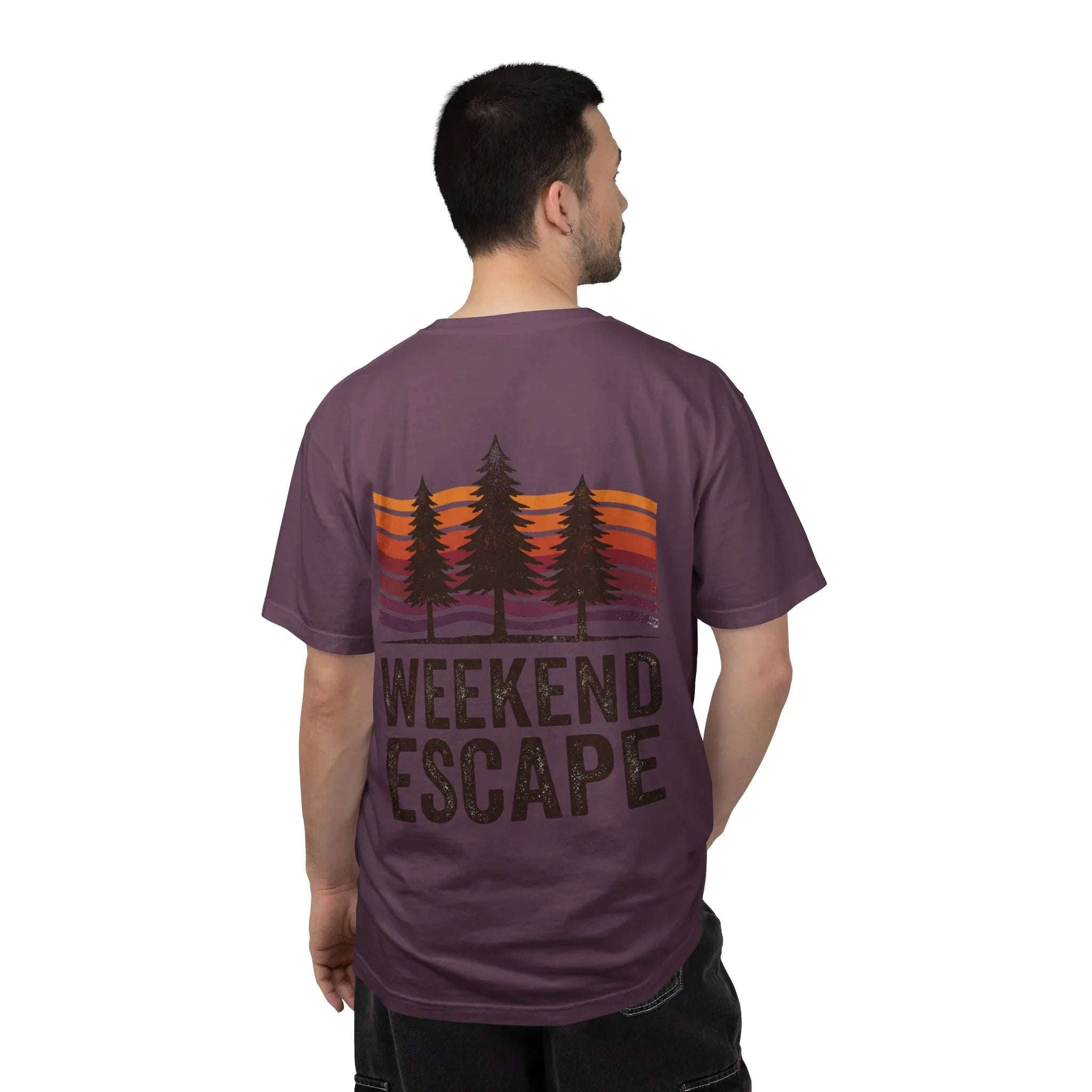 Weekend Escape T-Shirt, Retro Pines Sunset Graphic Tee, Vintage Outdoor Cabin Camping Shirt, Garment-Dyed Heavyweight Unisex Tee Berry M