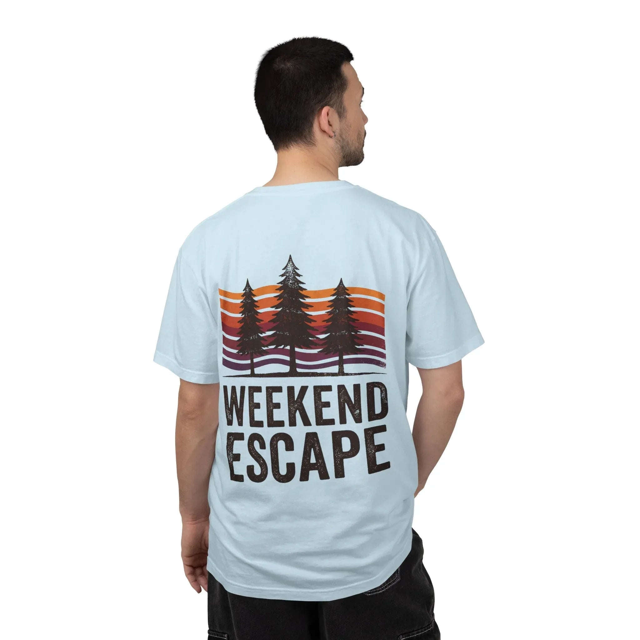 Weekend Escape T-Shirt, Retro Pines Sunset Graphic Tee, Vintage Outdoor Cabin Camping Shirt, Garment-Dyed Heavyweight Unisex Tee Chambray