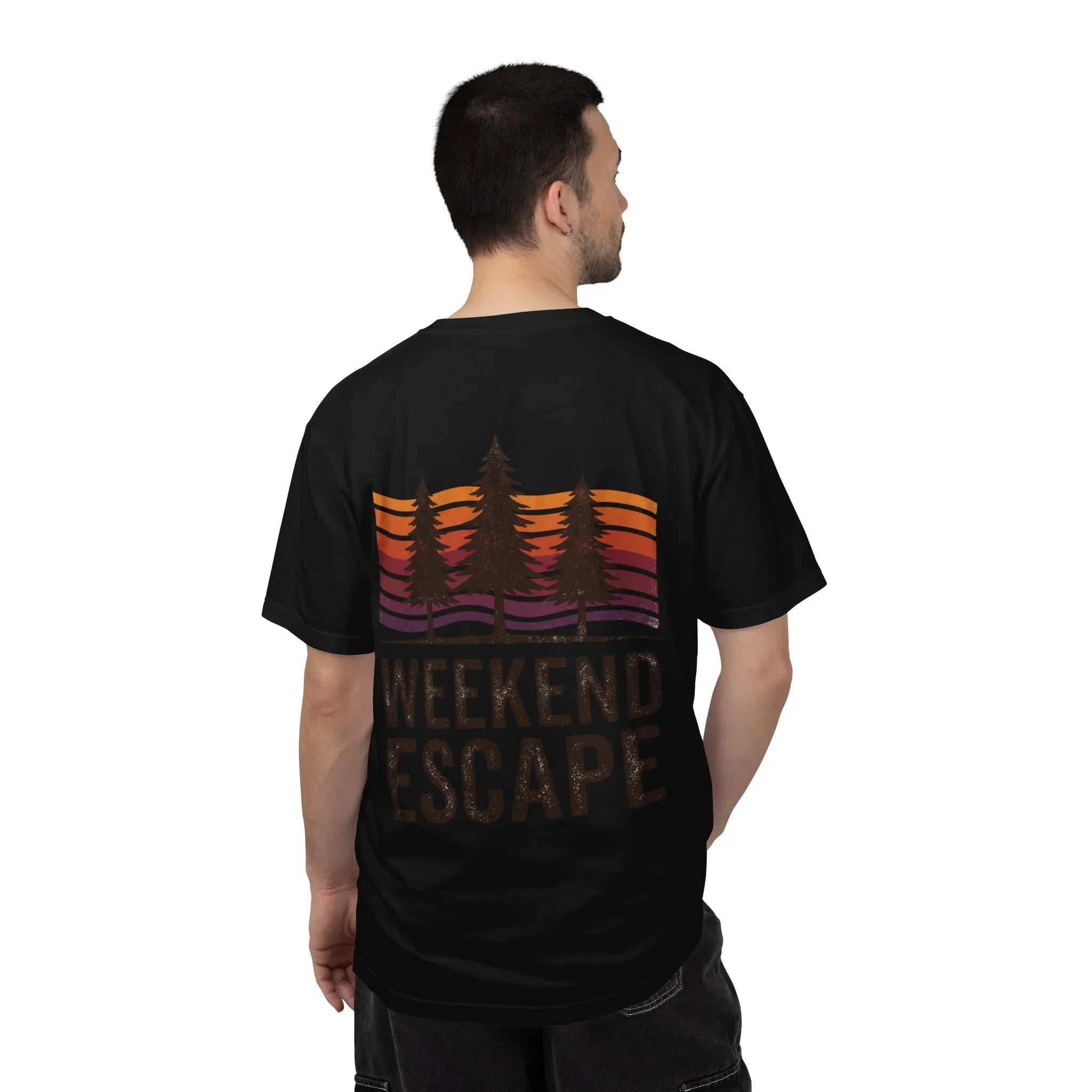 Weekend Escape T-Shirt, Retro Pines Sunset Graphic Tee, Vintage Outdoor Cabin Camping Shirt, Garment-Dyed Heavyweight Unisex Tee Black