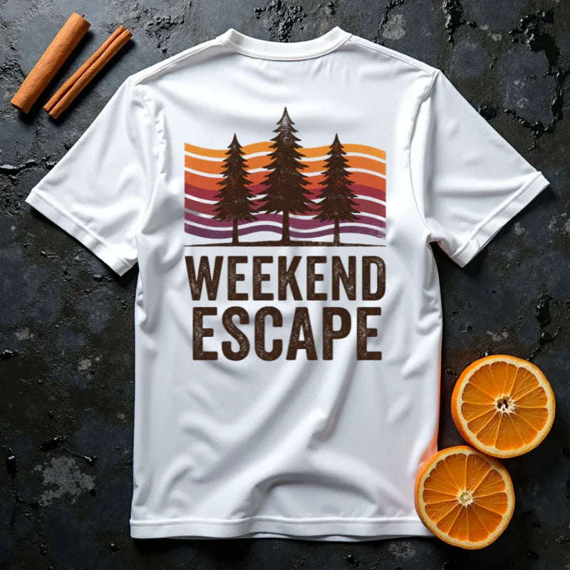 Weekend Escape T-Shirt, Retro Pines Sunset Graphic Tee, Vintage Outdoor Cabin Camping Shirt, Garment-Dyed Heavyweight Unisex Tee White