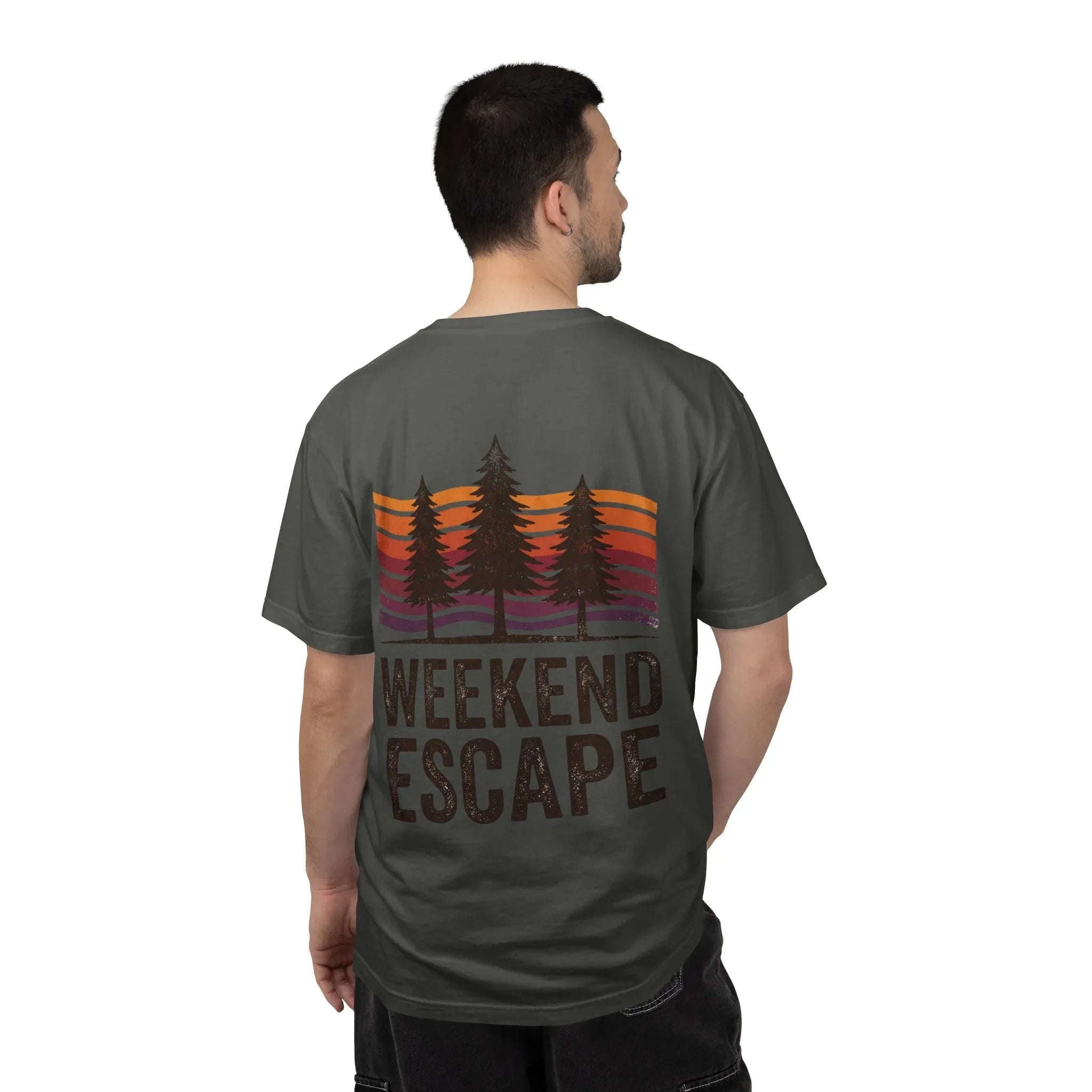 Weekend Escape T-Shirt, Retro Pines Sunset Graphic Tee, Vintage Outdoor Cabin Camping Shirt, Garment-Dyed Heavyweight Unisex Tee Pepper