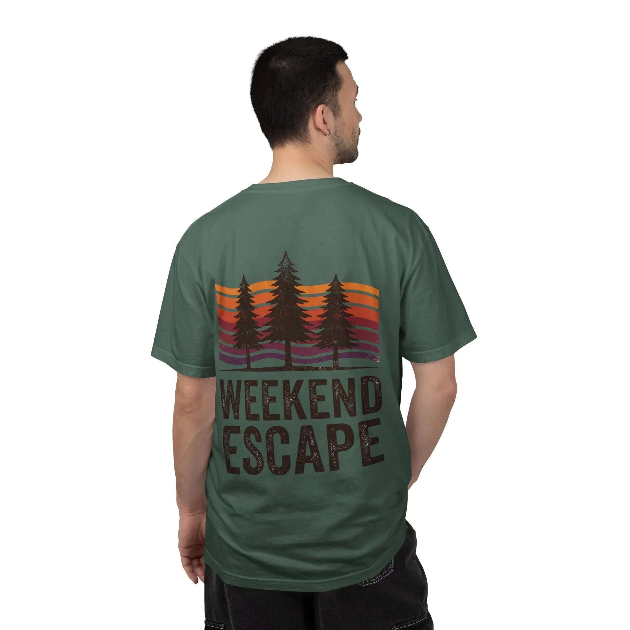 Weekend Escape T-Shirt, Retro Pines Sunset Graphic Tee, Vintage Outdoor Cabin Camping Shirt, Garment-Dyed Heavyweight Unisex Tee Blue Spruce