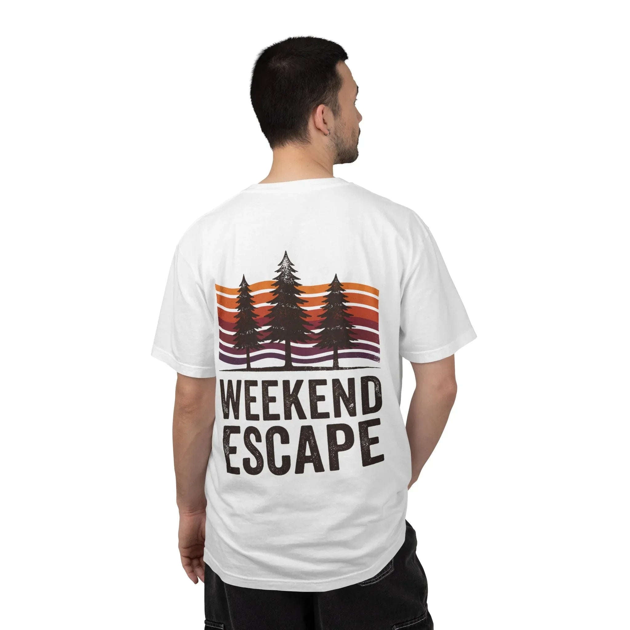 Weekend Escape T-Shirt, Retro Pines Sunset Graphic Tee, Vintage Outdoor Cabin Camping Shirt, Garment-Dyed Heavyweight Unisex Tee
