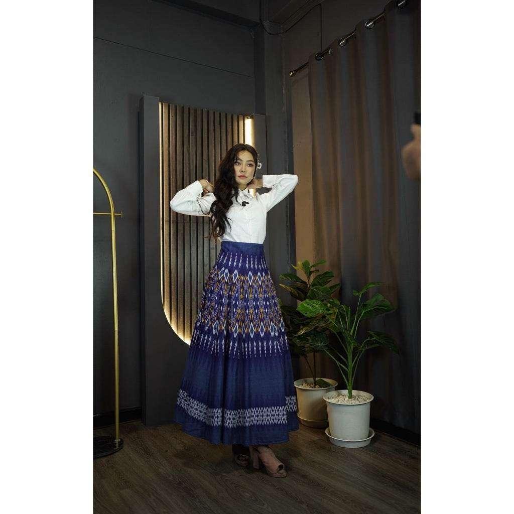 White Shirt & 8-Piece Khao Lam Duan Print Skirt Set - Traditional Thai Cotton Outfit for Women in S–XL Sizes