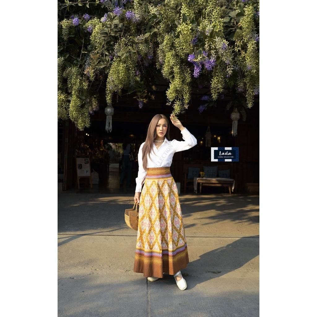 White Shirt Pleated Skirt Set - 8-Piece with Stairway to Heaven Pattern, Cotton Fabric, Available in 3 Colors | Sizes S–XL for Women เหลือง