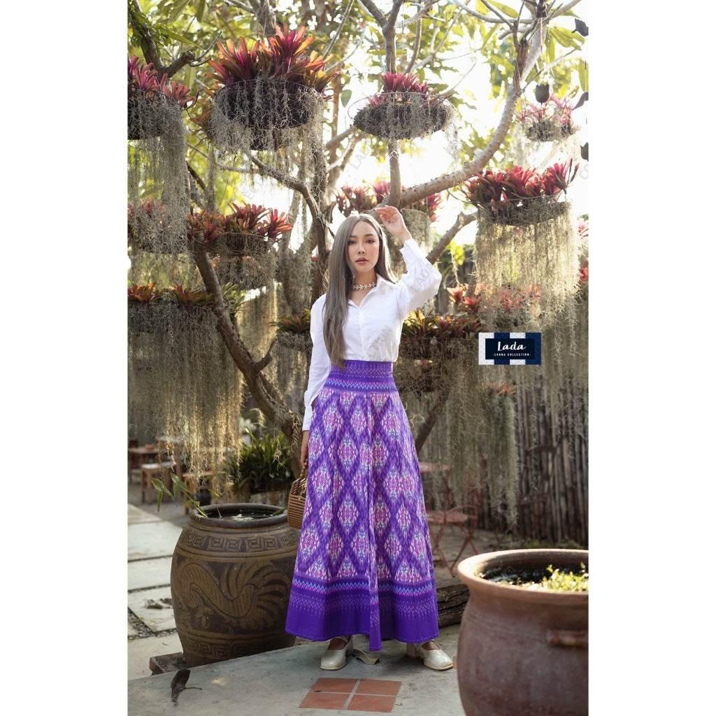 White Shirt Pleated Skirt Set - 8-Piece with Stairway to Heaven Pattern, Cotton Fabric, Available in 3 Colors | Sizes S–XL for Women ม่วง