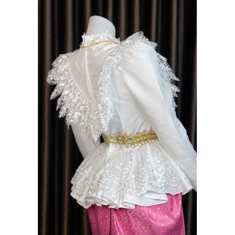 White Thai Lace Outfit Set - Elegant Lace Blouse with Customizable Sarong for Weddings, Events & Festivals One-Sake.com Only set / L Only set / S Only set / M Only set / S-Only set / M-Only set / L-Only set / XL-Accessories / S-Accessories / M-Accessories / L-Accessories / XL-Only shirt / S-Only shirt / M-Only shirt / L-Only shirt / XL-