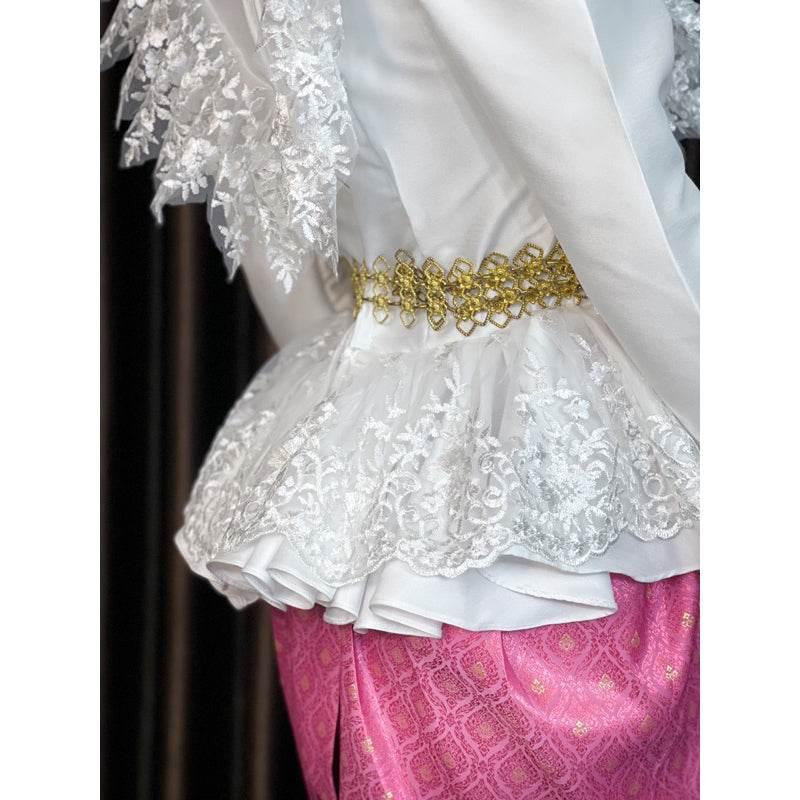 White Thai Lace Outfit Set - Elegant Lace Blouse with Customizable Sarong for Weddings, Events & Festivals