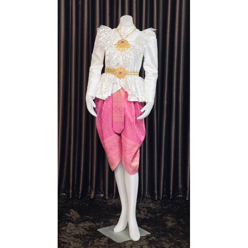 White Thai Lace Outfit Set - Elegant Lace Blouse with Customizable Sarong for Weddings, Events & Festivals One-Sake.com Only set / L Only set / S Only set / M Only set / S-Only set / M-Only set / L-Only set / XL-Accessories / S-Accessories / M-Accessories / L-Accessories / XL-Only shirt / S-Only shirt / M-Only shirt / L-Only shirt / XL-