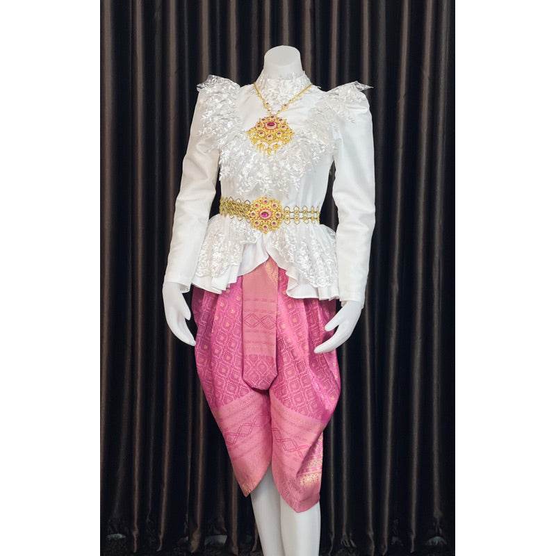 White Thai Lace Outfit Set - Elegant Lace Blouse with Customizable Sarong for Weddings, Events & Festivals One-Sake.com Only set / L Only set / S Only set / M Only set / S-Only set / M-Only set / L-Only set / XL-Accessories / S-Accessories / M-Accessories / L-Accessories / XL-Only shirt / S-Only shirt / M-Only shirt / L-Only shirt / XL-