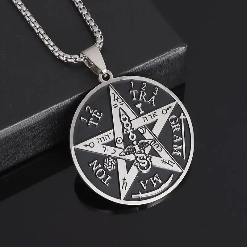 ✨ Witchcraft Pentagram Necklace – Stainless Steel | Men’s Amulet Pendant | Jewish Hebrew Tetragrammaton & Solomon Symbol AL19821-Silver