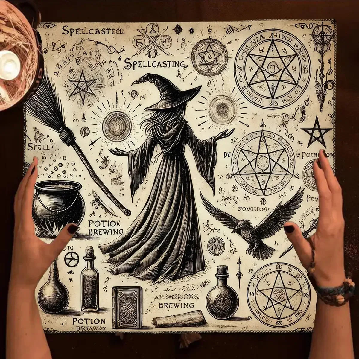 🌌 Witchy Celestial Tarot Altar Cloth – Soft Polyester Tablecloth Featuring Cute Animals and Vintage Celestial Motifs for Divination and Halloween Decor