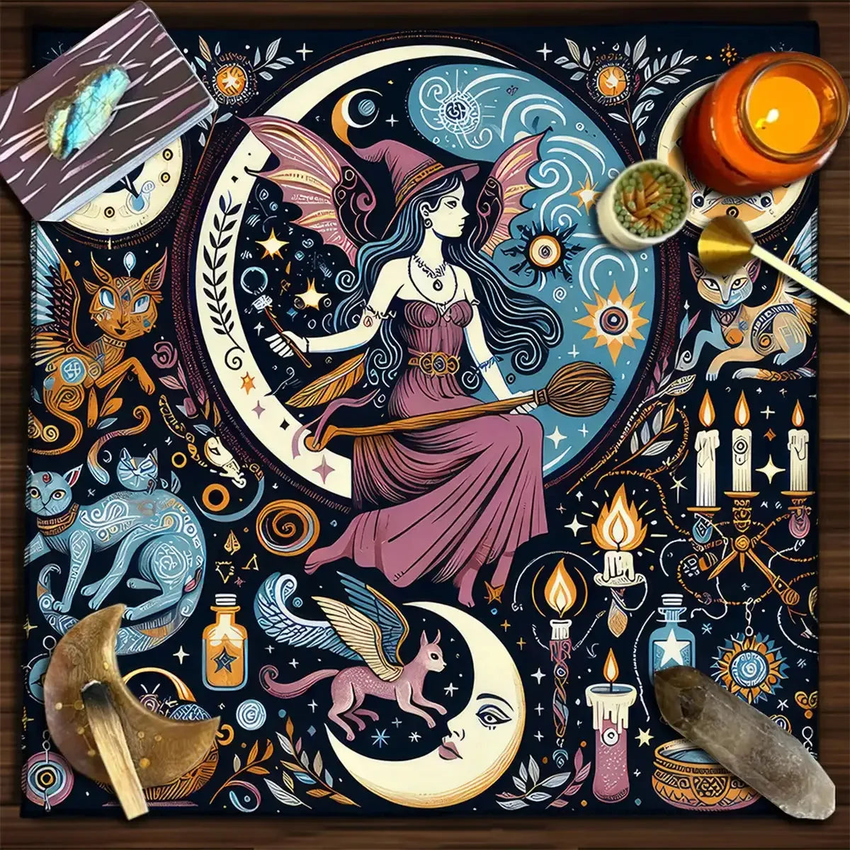 🌌 Witchy Celestial Tarot Altar Cloth – Soft Polyester Tablecloth Featuring Cute Animals and Vintage Celestial Motifs for Divination and Halloween Decor TLB (868)