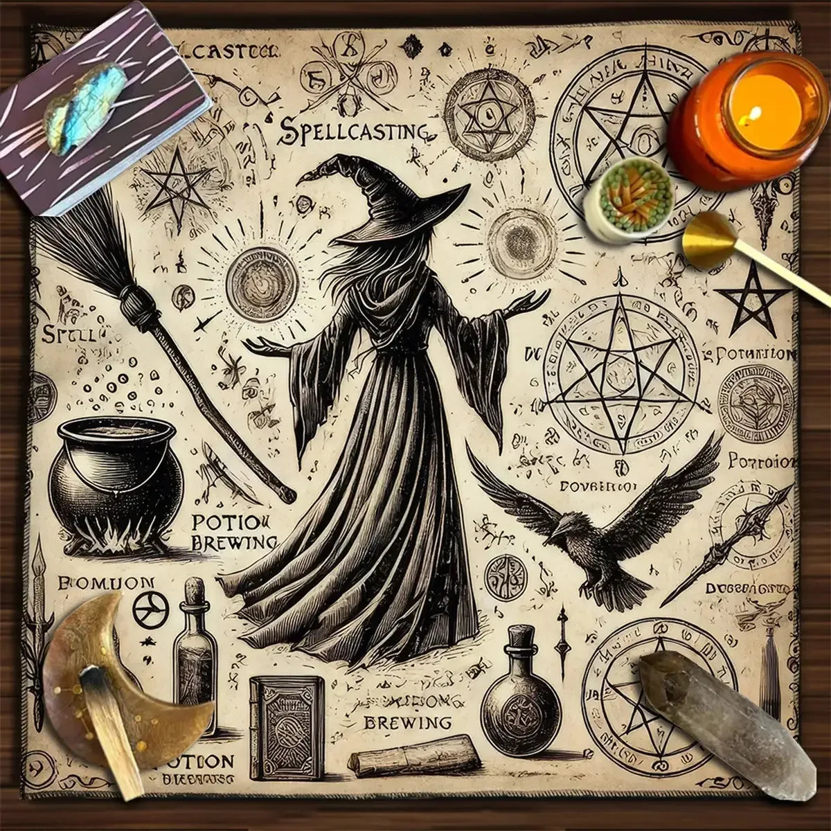 🌌 Witchy Celestial Tarot Altar Cloth – Soft Polyester Tablecloth Featuring Cute Animals and Vintage Celestial Motifs for Divination and Halloween Decor TLB (869)