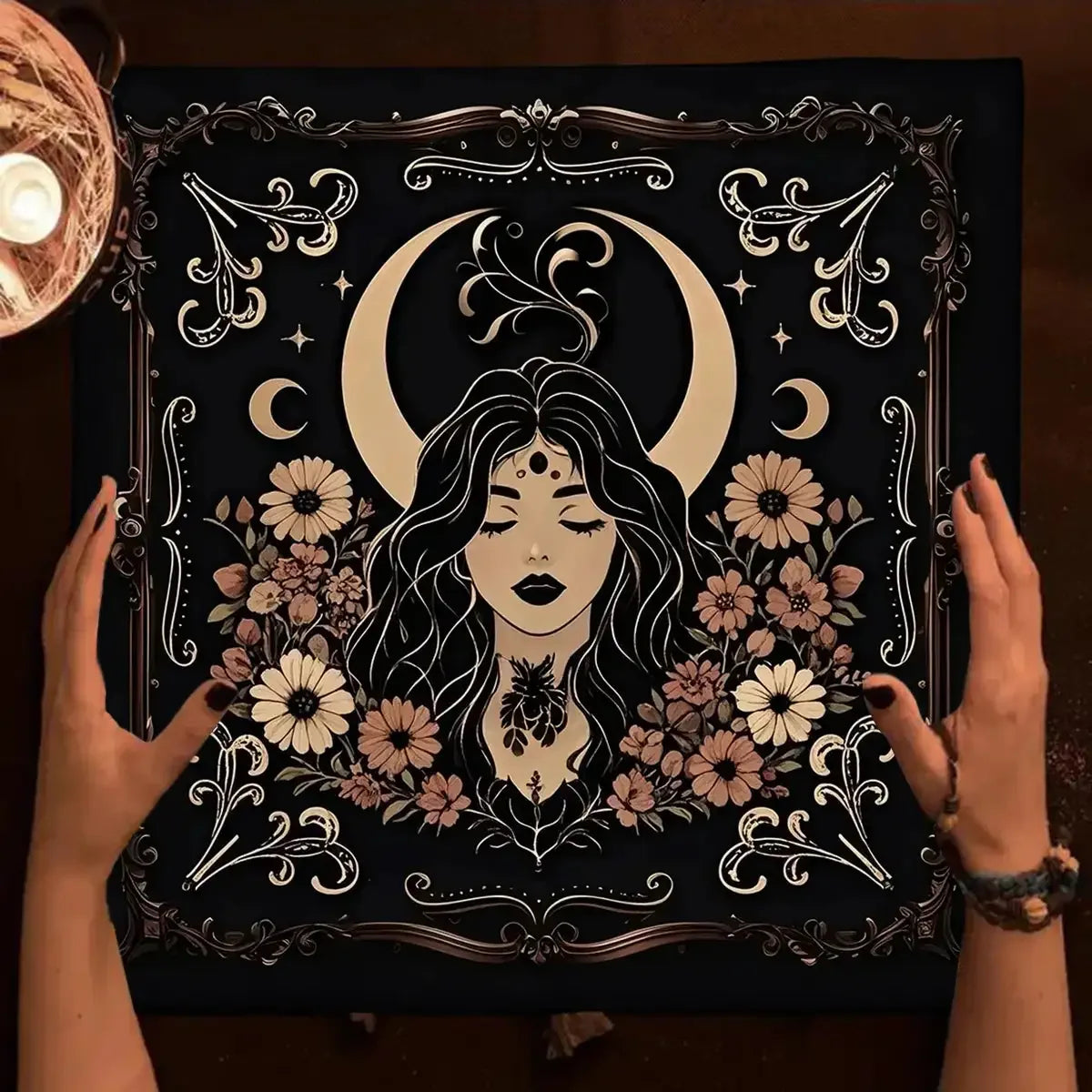 🌌 Witchy Celestial Tarot Altar Cloth – Soft Polyester Tablecloth Featuring Cute Animals and Vintage Celestial Motifs for Divination and Halloween Decor TLB (834)