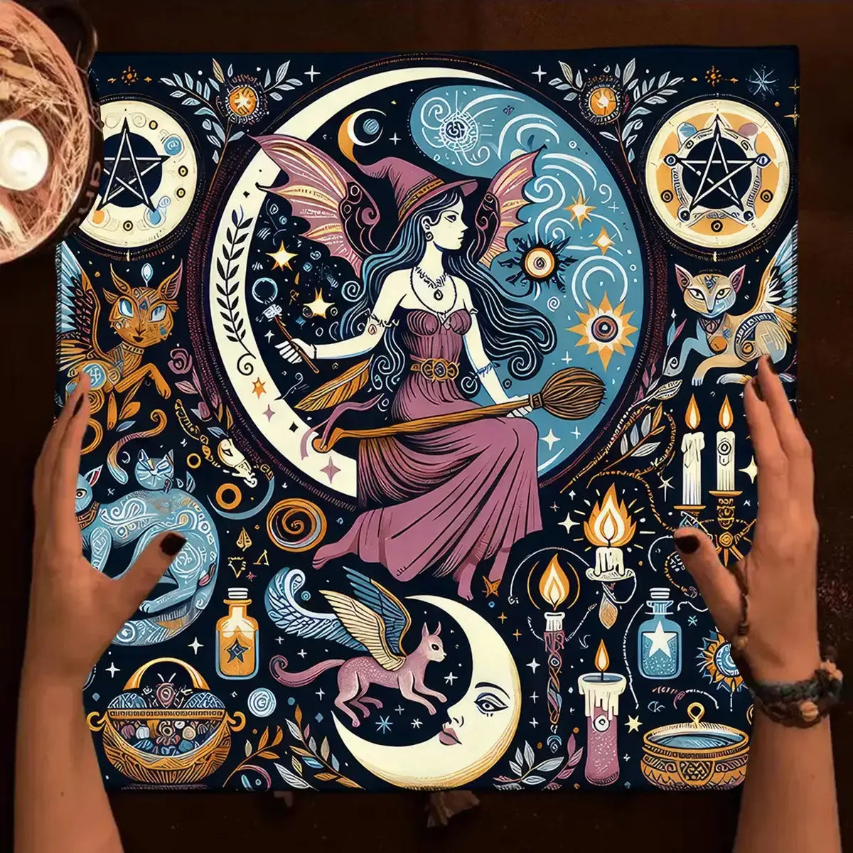 🌌 Witchy Celestial Tarot Altar Cloth – Soft Polyester Tablecloth Featuring Cute Animals and Vintage Celestial Motifs for Divination and Halloween Decor