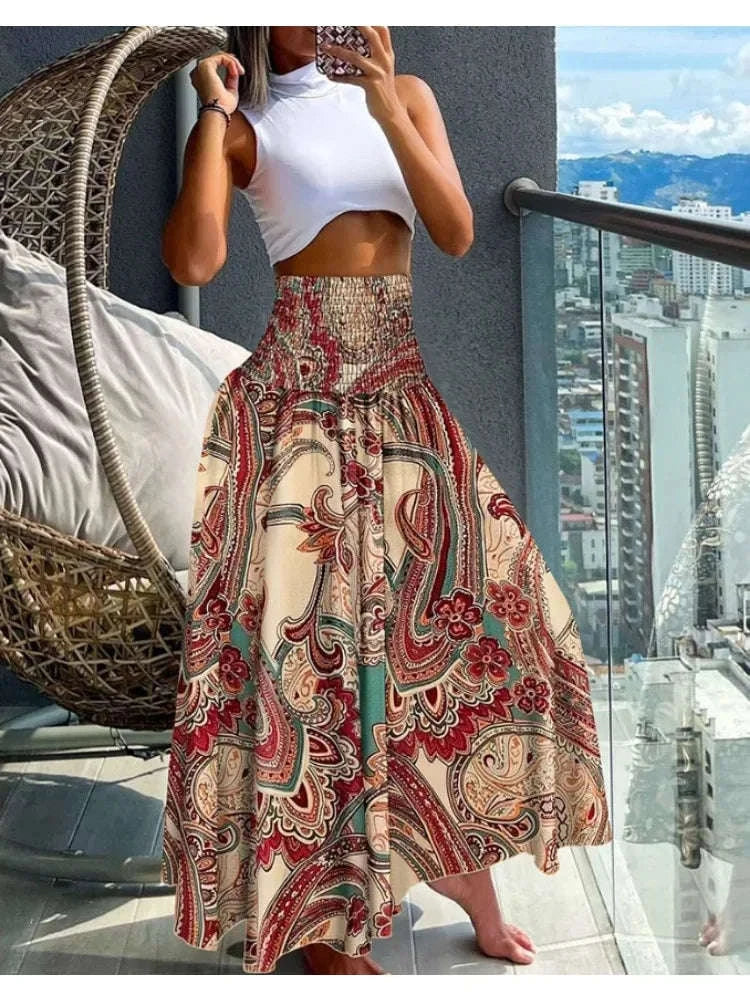 🌟 Women Fashion Floral Print Folds Bohemian Elastic High Waist Skirt Ladies Knee-Length Long Skirts creamy-white