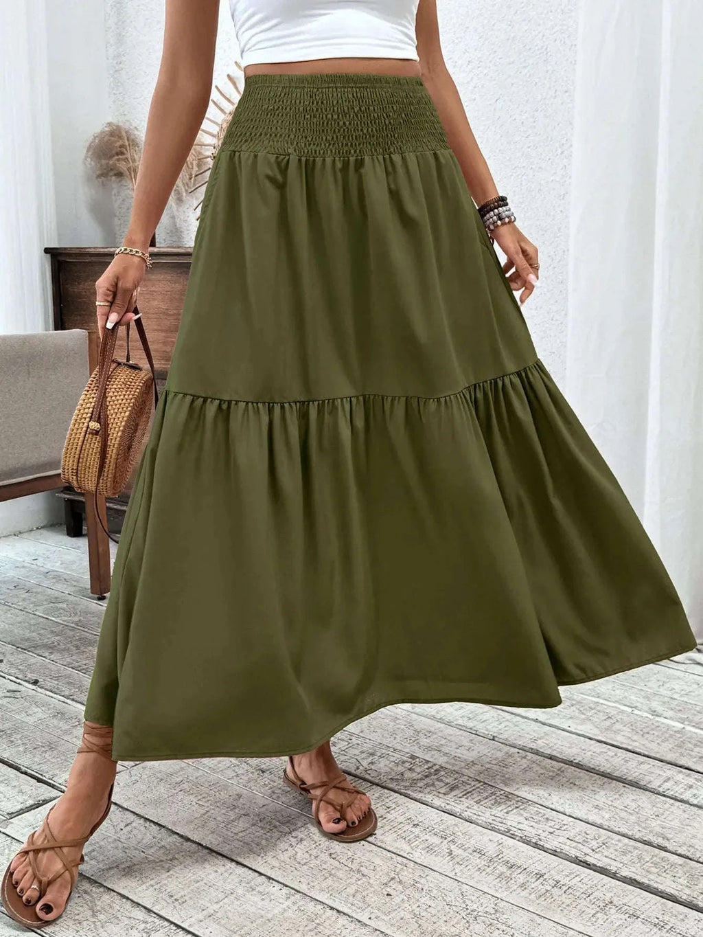 Women Floral Pleated Skirt – Retro High Waist Long Skirt for Stylish Casual Beach Wear