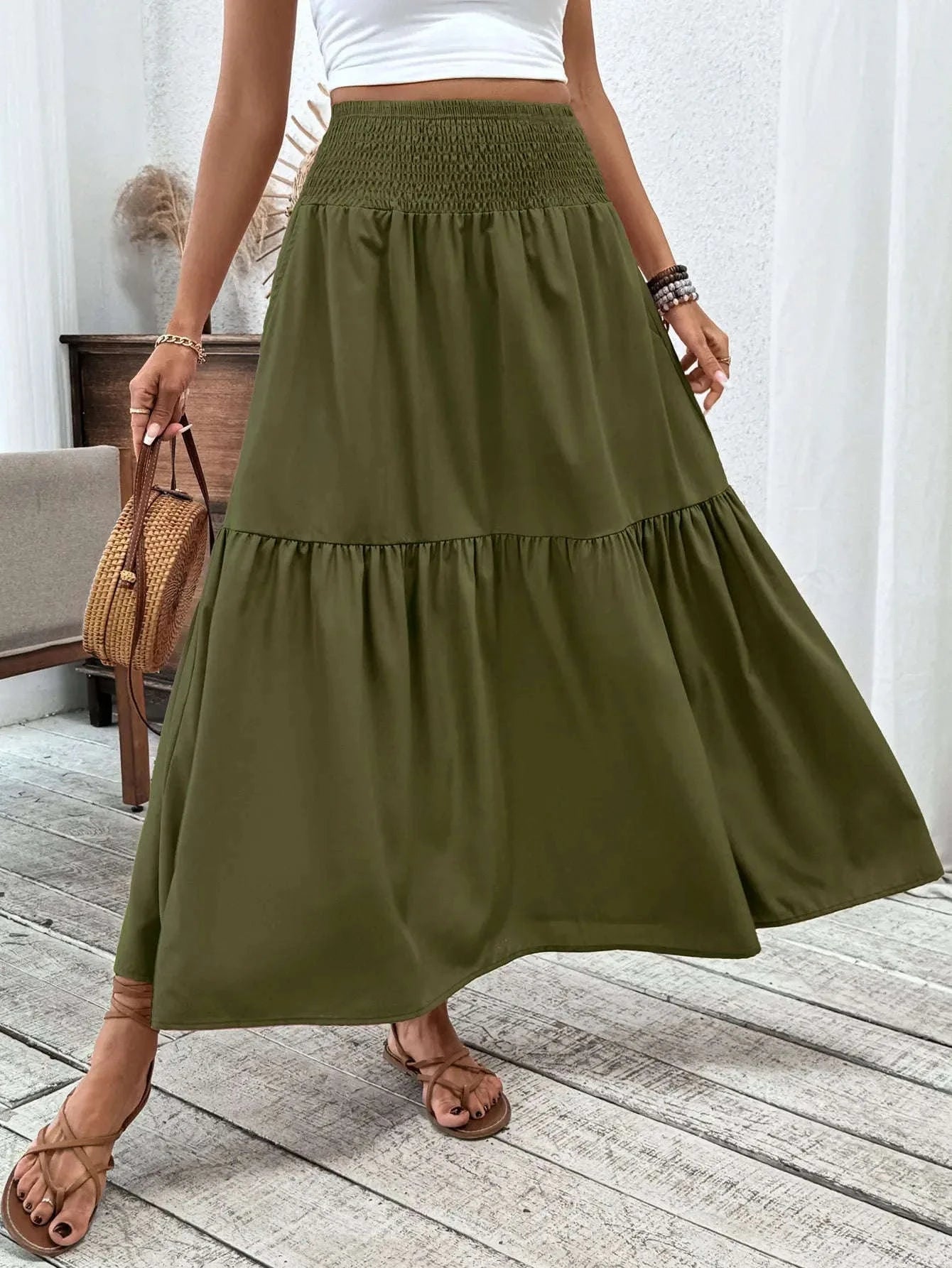 Women Floral Pleated Skirt – Retro High Waist Long Skirt for Stylish Casual Beach Wear