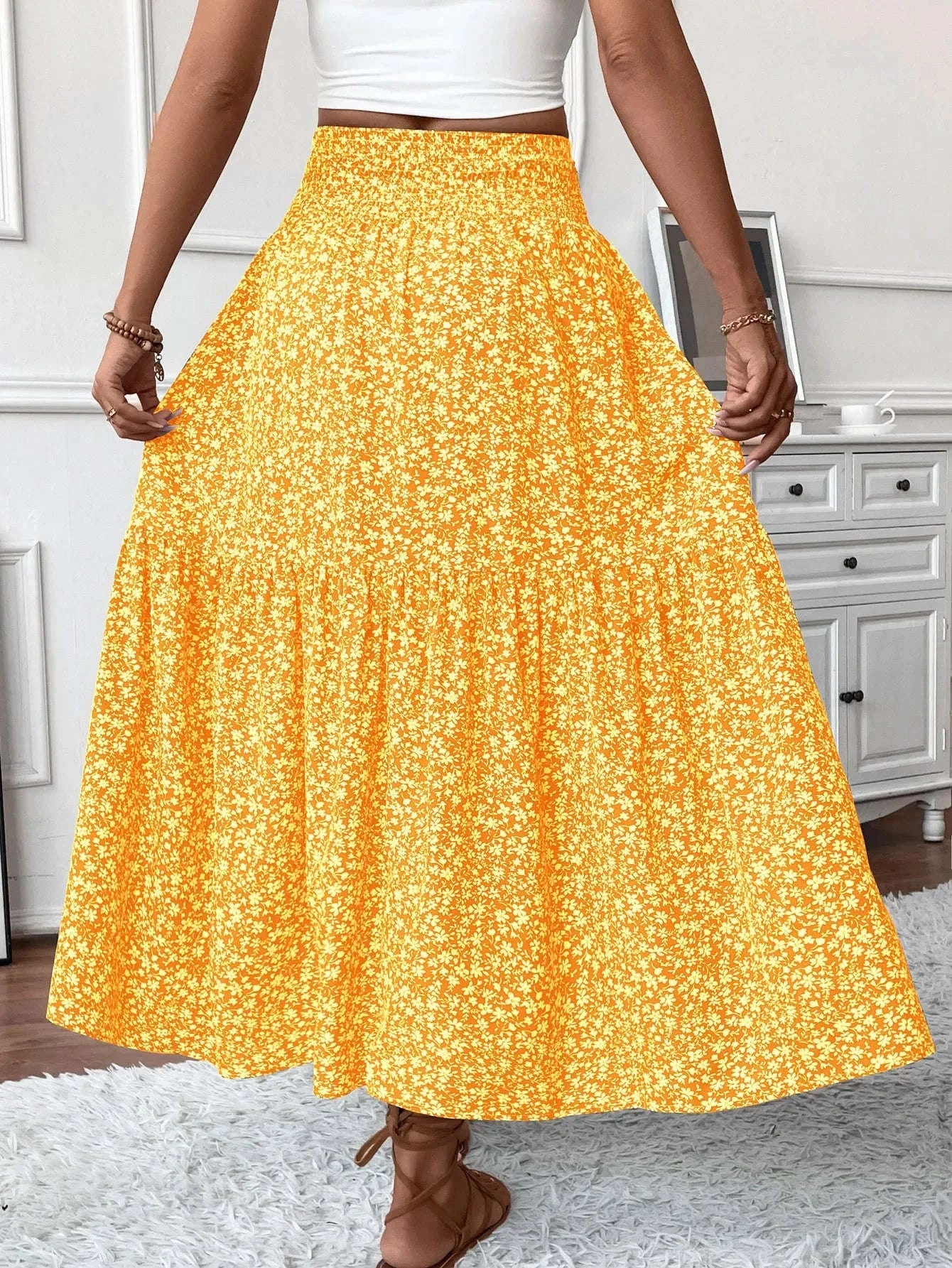 Women Floral Pleated Skirt – Retro High Waist Long Skirt for Stylish Casual Beach Wear