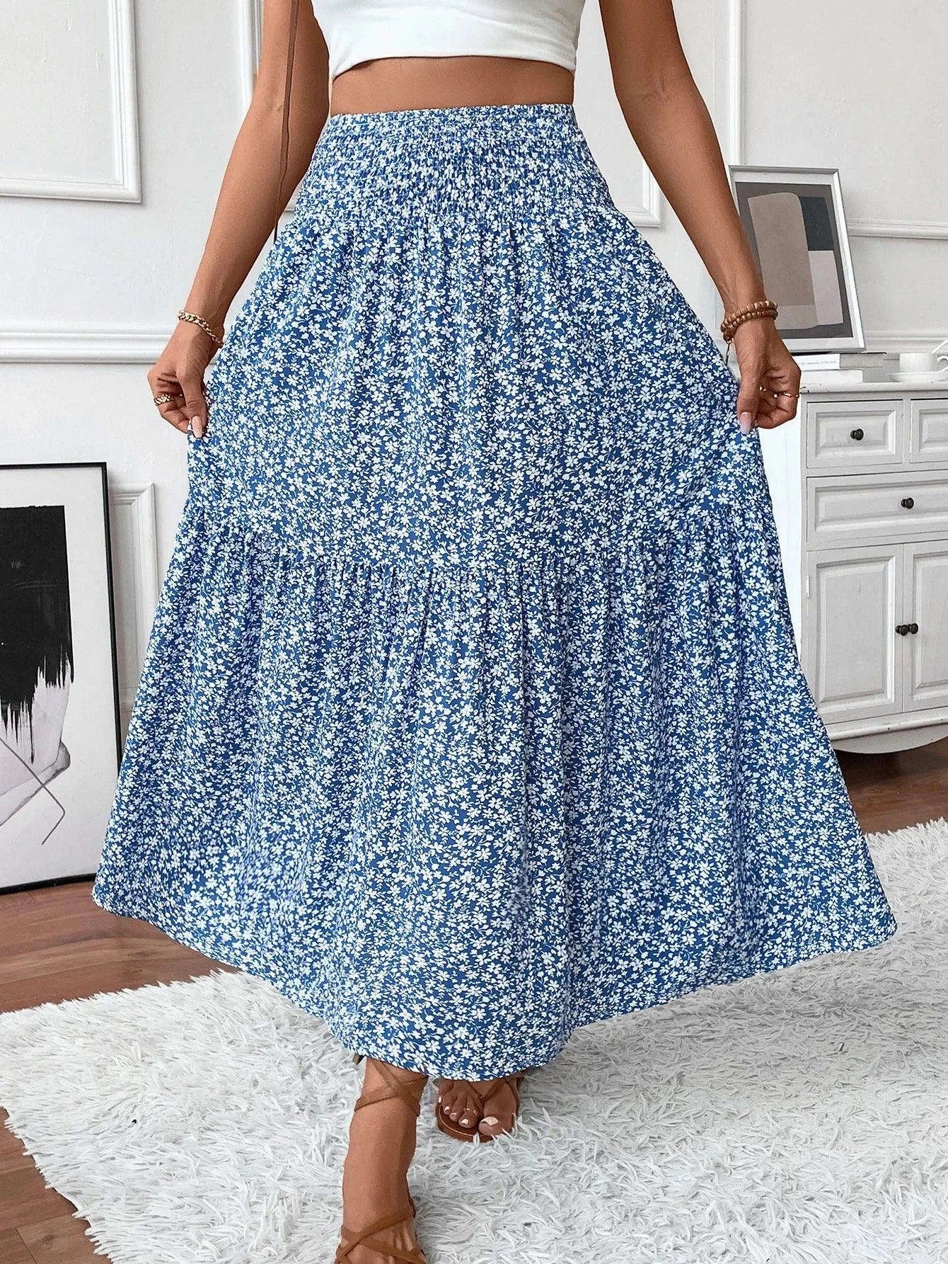 Women Floral Pleated Skirt – Retro High Waist Long Skirt for Stylish Casual Beach Wear