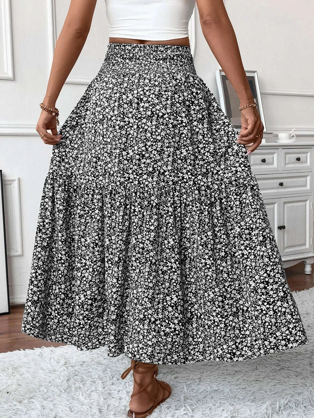 Women Floral Pleated Skirt – Retro High Waist Long Skirt for Stylish Casual Beach Wear