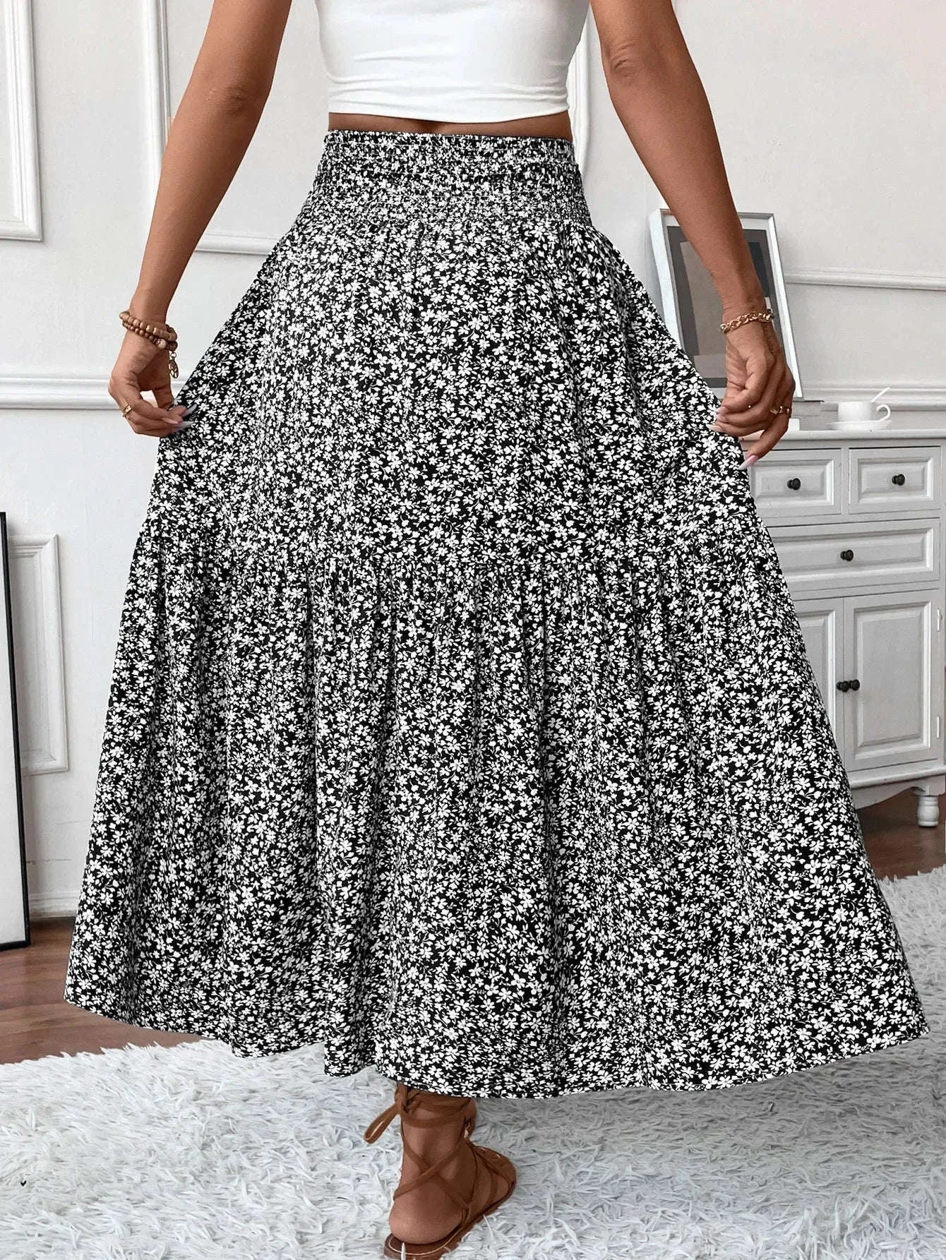 Women Floral Pleated Skirt – Retro High Waist Long Skirt for Stylish Casual Beach Wear