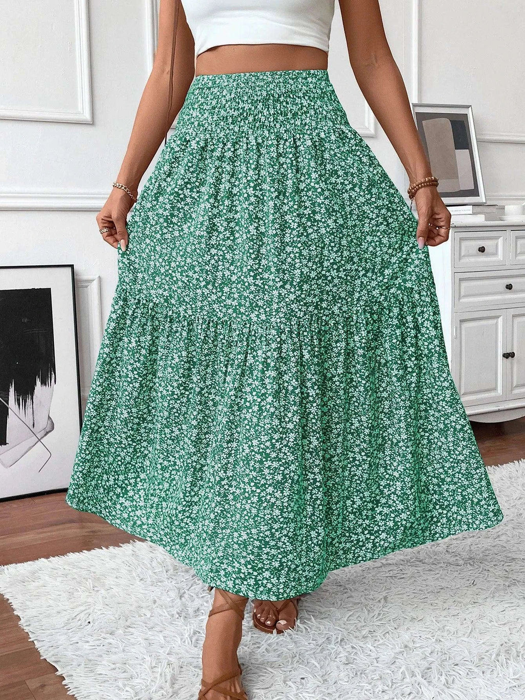 Women Floral Pleated Skirt – Retro High Waist Long Skirt for Stylish Casual Beach Wear
