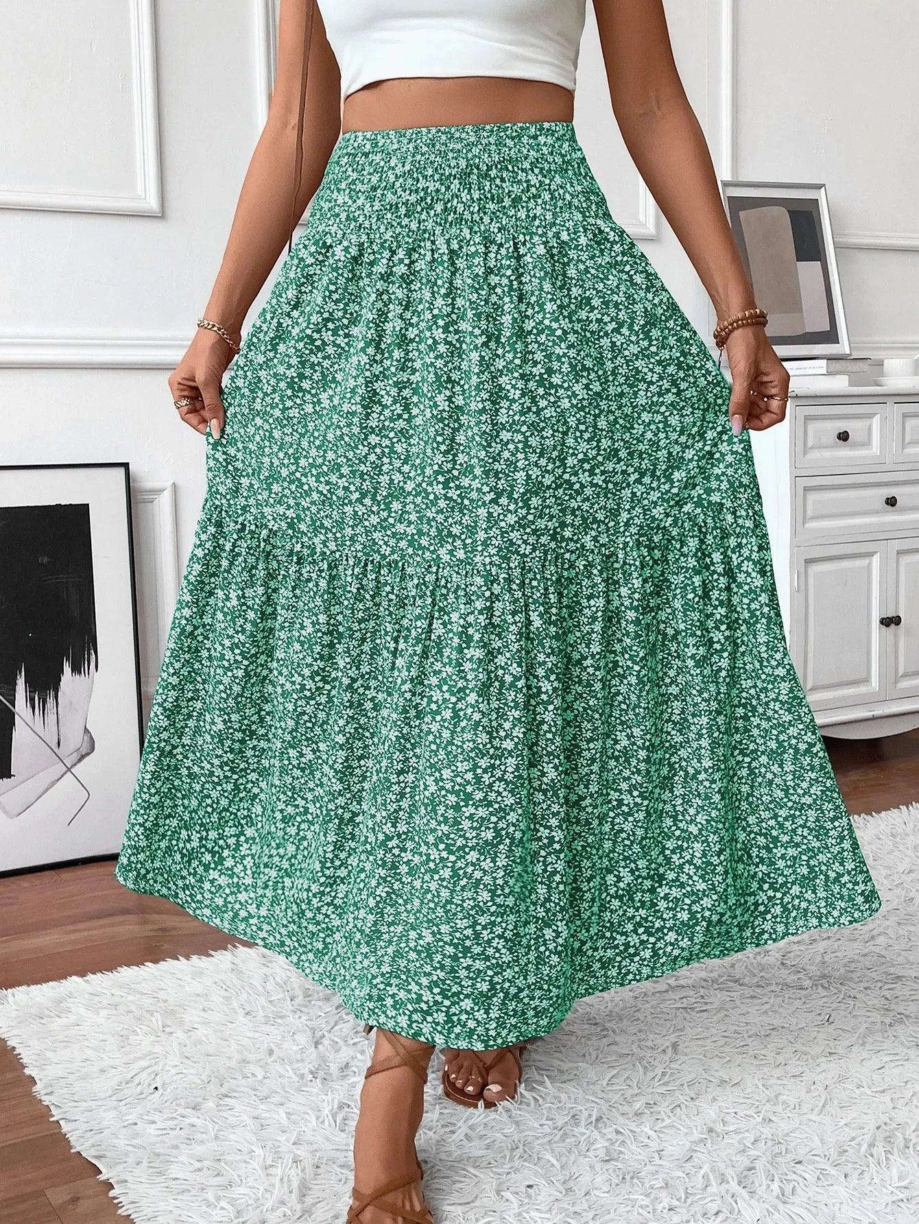 Women Floral Pleated Skirt – Retro High Waist Long Skirt for Stylish Casual Beach Wear