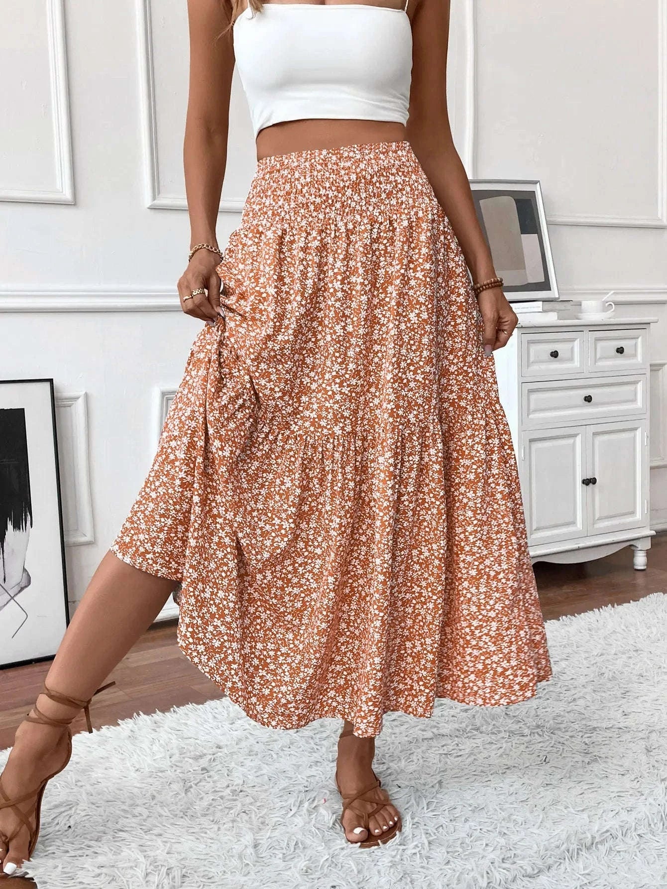 Women Floral Pleated Skirt – Retro High Waist Long Skirt for Stylish Casual Beach Wear Orange