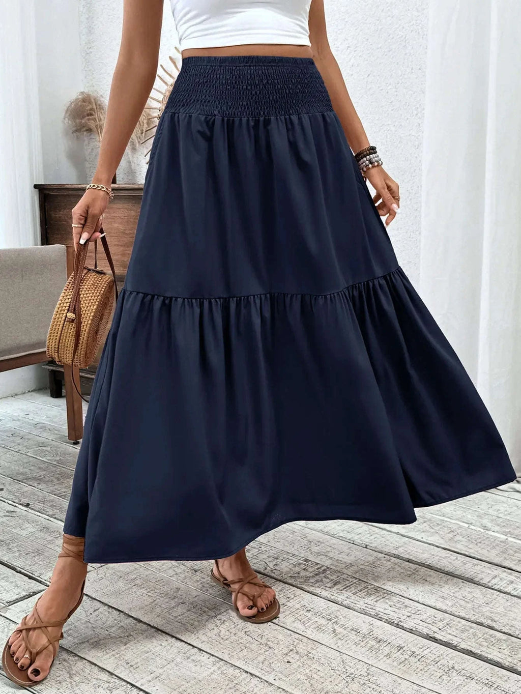 Women Floral Pleated Skirt – Retro High Waist Long Skirt for Stylish Casual Beach Wear