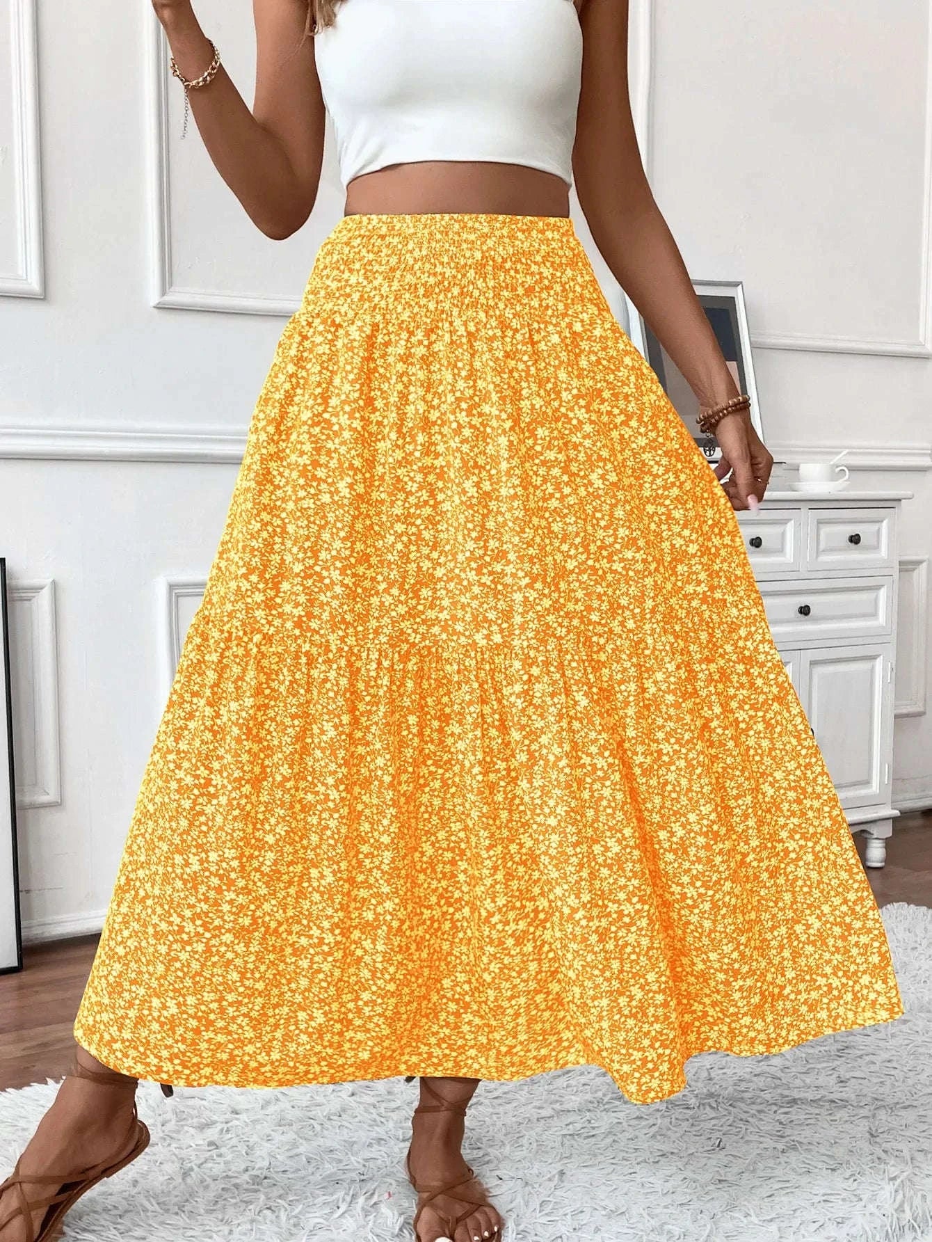 Women Floral Pleated Skirt – Retro High Waist Long Skirt for Stylish Casual Beach Wear