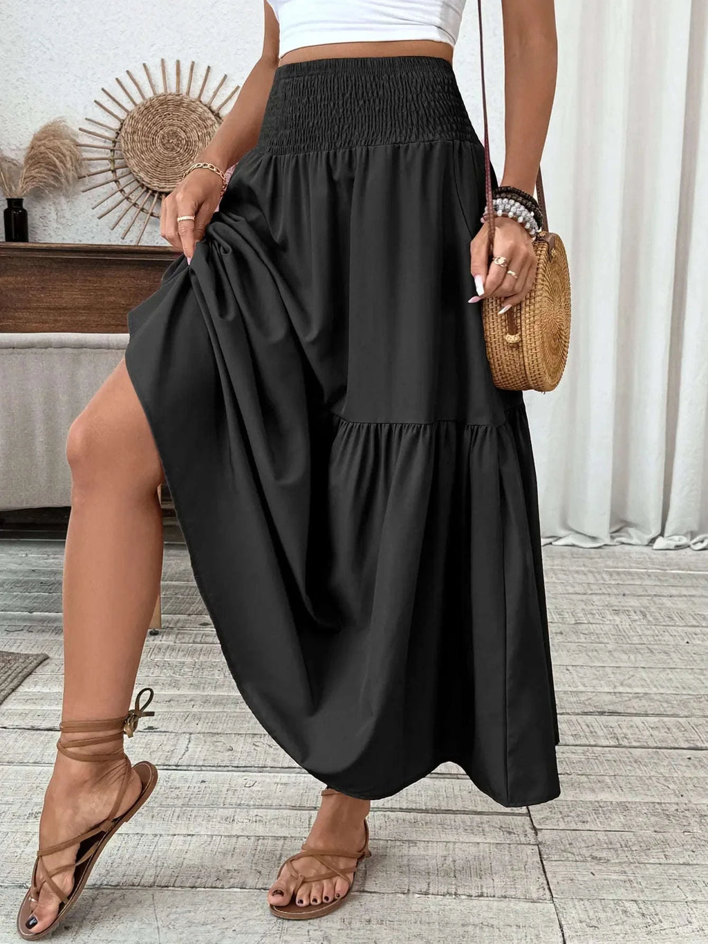 Women Floral Pleated Skirt – Retro High Waist Long Skirt for Stylish Casual Beach Wear