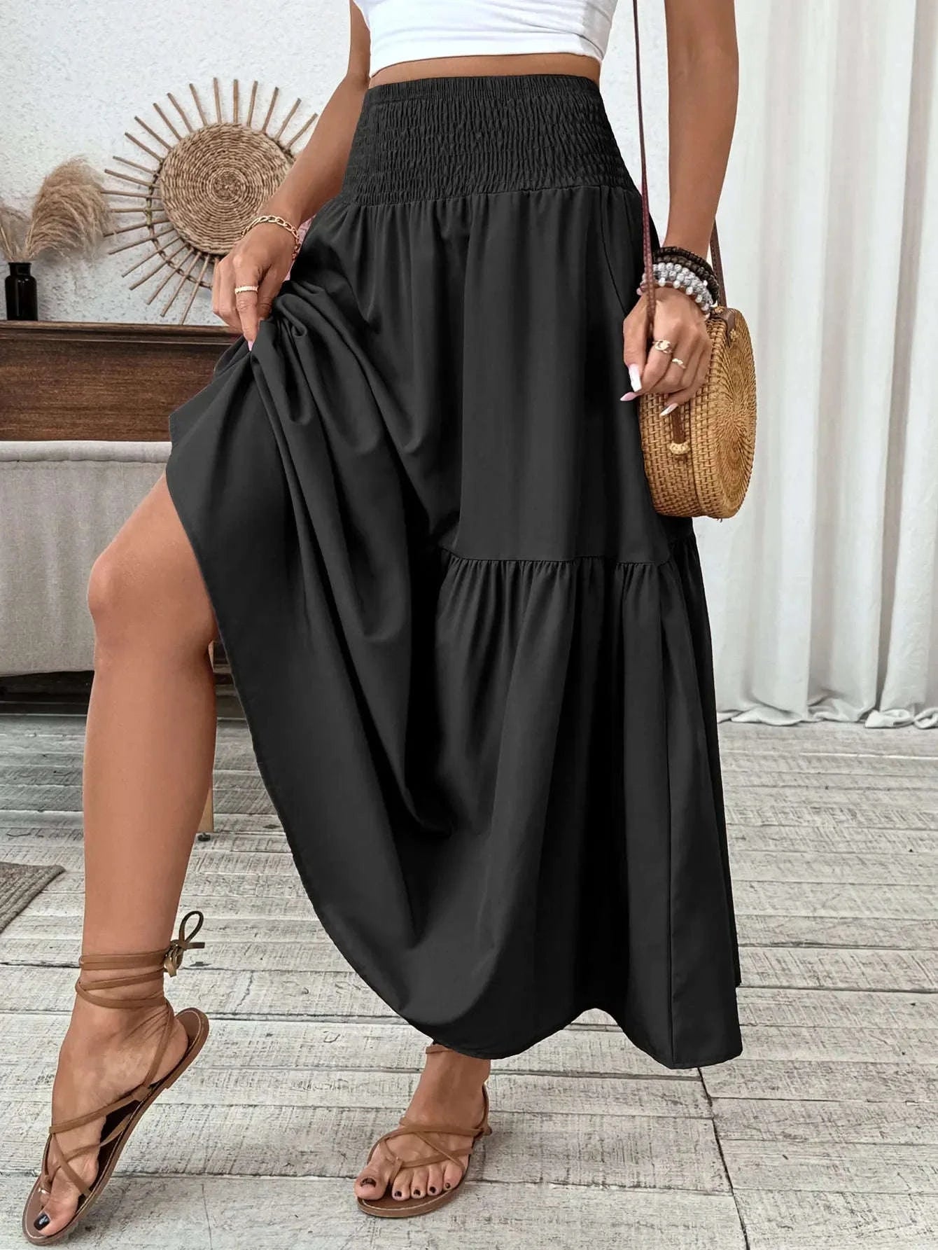 Women Floral Pleated Skirt – Retro High Waist Long Skirt for Stylish Casual Beach Wear