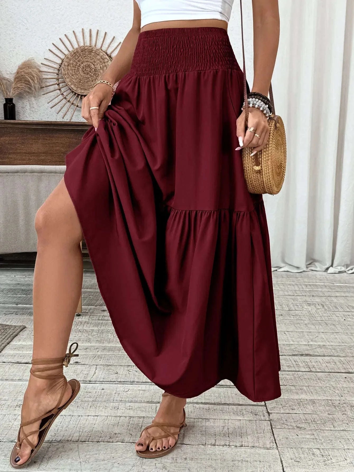 Women Floral Pleated Skirt – Retro High Waist Long Skirt for Stylish Casual Beach Wear