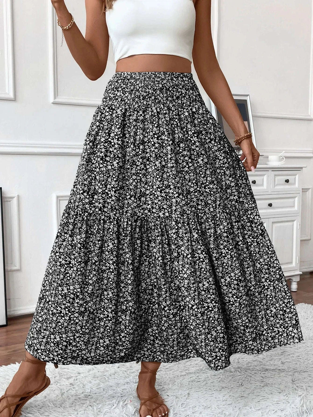 Women Floral Pleated Skirt – Retro High Waist Long Skirt for Stylish Casual Beach Wear